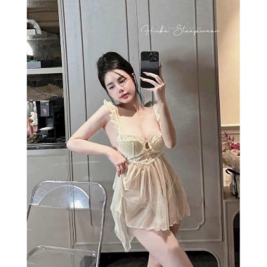 Set Váy Ngủ Cao Cấp Hube Sleepwear - Áo Choàng Voan Lụa Dây Cánh Tiên, Cổ Mút Ngực Sexy Tiểu Thư, 325k