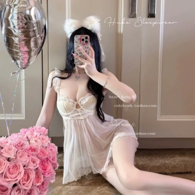 Set Váy Ngủ Cao Cấp Hube Sleepwear - Áo Choàng Voan Lụa Dây Cánh Tiên, Cổ Mút Ngực Sexy Tiểu Thư, 325k