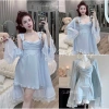 Set Váy Ngủ Hube Sleepwear - Áo Choàng Lụa Tay Voan, Cổ Đổ, Dây Tua Rua Tiểu Thư, 495k