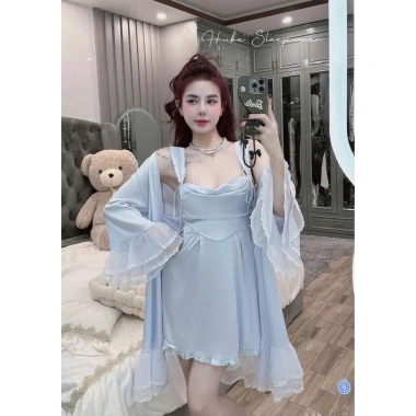 Set Váy Ngủ Hube Sleepwear - Áo Choàng Lụa Tay Voan, Cổ Đổ, Dây Tua Rua Tiểu Thư, 495k