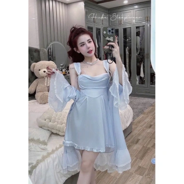 Set Váy Ngủ Hube Sleepwear - Áo Choàng Lụa Tay Voan, Cổ Đổ, Dây Tua Rua Tiểu Thư, 495k