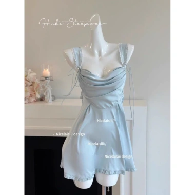 Set Váy Ngủ Hube Sleepwear - Áo Choàng Lụa Tay Voan, Cổ Đổ, Dây Tua Rua Tiểu Thư, 495k