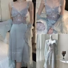 Set Váy Ngủ Lụa Cao Cấp + Áo Choàng Voan Nơ Nhí Bèo Ren - Hube Sleepwear 515k