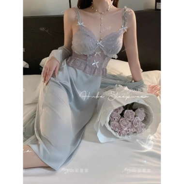 Set Váy Ngủ Lụa Cao Cấp + Áo Choàng Voan Nơ Nhí Bèo Ren - Hube Sleepwear 515k 4