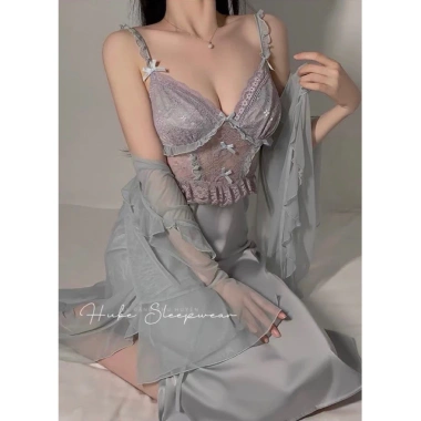 Set Váy Ngủ Lụa Cao Cấp + Áo Choàng Voan Nơ Nhí Bèo Ren - Hube Sleepwear 515k 5