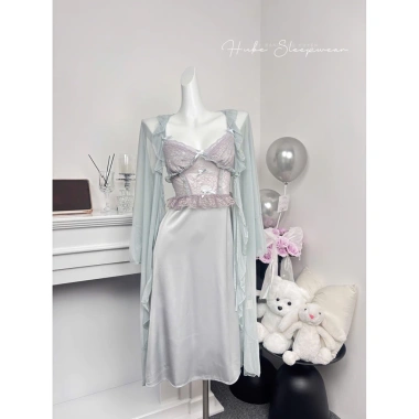 Set Váy Ngủ Lụa Cao Cấp + Áo Choàng Voan Nơ Nhí Bèo Ren - Hube Sleepwear 515k 9