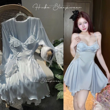 Set Váy Ngủ và Áo Choàng Lụa Hube Sleepwear Pop - Ngực Bèo, Eo Siết, Ren Đuôi Cá