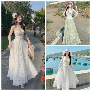 Sét váy nữ nhẹ nhàng đi biển - áo hoa cam 2 dây cánh, cúp ngực, váy dài - 190k