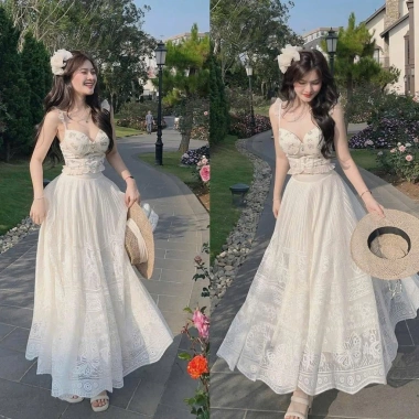Sét váy nữ nhẹ nhàng đi biển - áo hoa cam 2 dây cánh, cúp ngực, váy dài - 190k