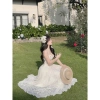 Sét váy nữ nhẹ nhàng đi biển - áo hoa cam 2 dây cánh, cúp ngực, váy dài - 190k 6