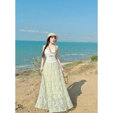 Sét váy nữ nhẹ nhàng đi biển - áo hoa cam 2 dây cánh, cúp ngực, váy dài - 190k