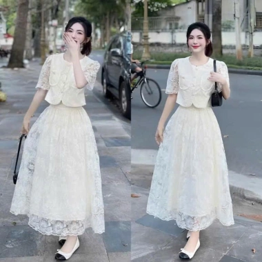 Sét váy nữ nhẹ nhàng, ren, tay bồng, nút túi, viền ren, chân váy xòe 2 lớp dài