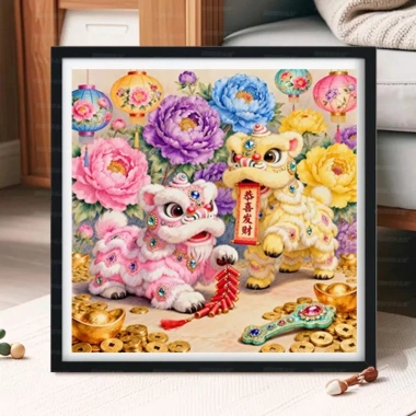 Sư Tử Đôi May Mắn 2.026 - Thêu Chữ Thập Hoa Nở, Thủ Công, Giá 277k