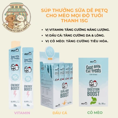 Súp Thưởng Sữa Dê PetQ cho Mèo 15g - Bổ Vitamin, Dầu Cá, Cỏ Mèo, Dành cho Mọi Độ Tuổi, Giá ưu đãi 175.000 VND