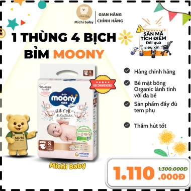 Tã Bỉm Mooney Natural Trắng Dán Quần 4 Bịch NB62/S58/M46/L38/XL32 Michi Baby MC555 - 1.135.000₫ 2