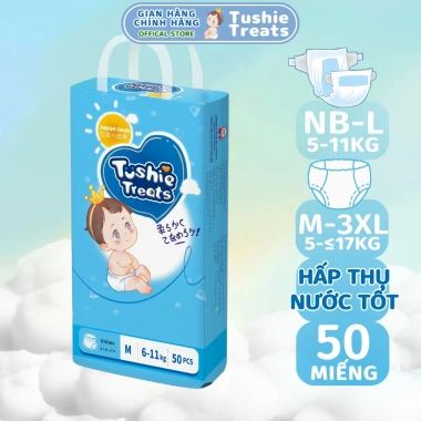Tã bỉm Tushie Treats 50 miếng công nghệ Nhật Bản, thấm hút, thông thoáng, đa size NB-XXXL, giá ưu đãi 99.999₫