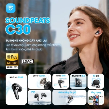 Tai nghe Bluetooth SoundPEATS C30 ANC LDAC Hi-Res Audio, Driver 12mm, Pin 52h, Bảo hành 12 tháng – Giá chỉ 710.843₫ 2
