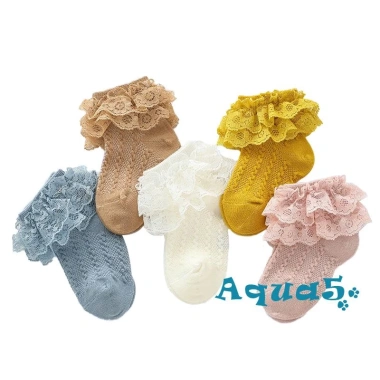 Tất cotton bé gái màu trơn phối ren thoáng khí, thời trang, giá ưu đãi 56,418 VND