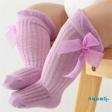 Tất dài bé gái công chúa AQQInfant - Màu trơn, nơ xinh, thoáng mát, over‑knee 2
