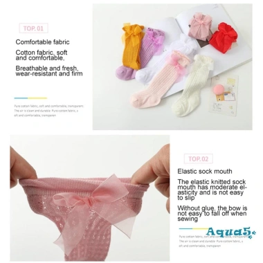 Tất dài bé gái công chúa AQQInfant - Màu trơn, nơ xinh, thoáng mát, over‑knee 4