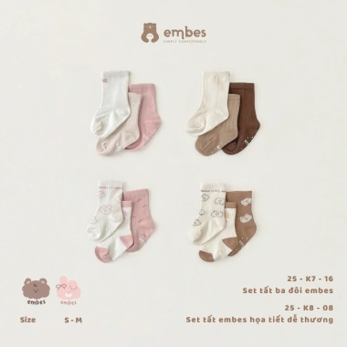 Tất Embes 3 Đôi Vớ Chống Trơn Cotton Mềm Co Giãn Cho Bé Trai & Gái 1-4 Tuổi