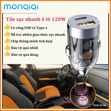 Tẩu sạc nhanh ô tô 45W MONQIQI USB+Type-C, thiết kế ẩn, chip thông minh