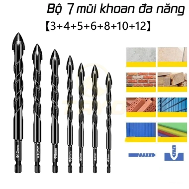 TAYO 7 mũi khoan gạch đa năng 3‑12mm hình lục giác chữ thập, đầu cacbua cho kính gốm, bê tông – chỉ 95.000đ
