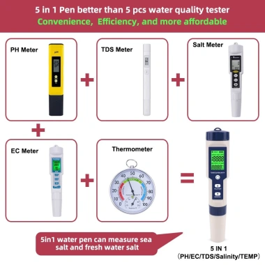 TAYO Bút đo pH/TDS/EC/độ mặn & nhiệt độ, kèm 3 gói pH tiêu chuẩn - Giá 140.000 VND 3