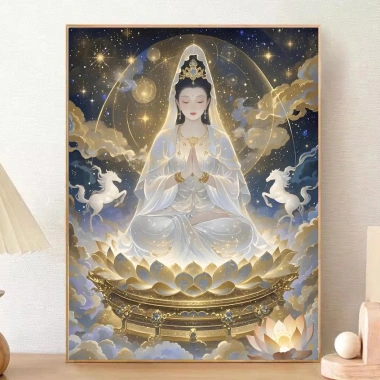 Thêu tay Guanyin 2.025 Quần áo trơn, tượng Phật chữ thập, gói, giá 325k