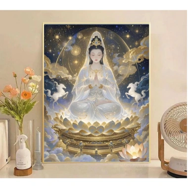 Thêu tay Guanyin 2.025 Quần áo trơn, tượng Phật chữ thập, gói, giá 325k