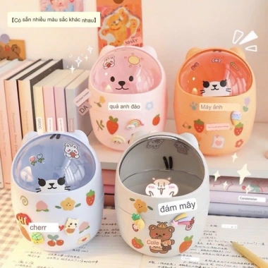 Thùng rác mini hình gấu có nắp kèm hộp đựng bút và đồ cá nhân để bàn, sticker đa màu sắc - 79.900