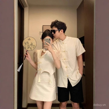 Trang phục cặp đôi Trung Quốc áo sơ mi ngắn tay cổ đứng, mặt dây chuyền, vòng nút - Mùa hè rực rỡ, giảm 22% 2
