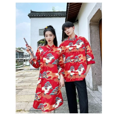 Trang phục đôi Trung Hoa áo sơ mi & qipao in cần cẩu, cổ đứng rời, đa kích thước - Giảm giá 9 Trang phục đôi Trung Hoa áo sơ mi & qipao in cần cẩu, cổ đứng rời, đa kích thước - Giảm giá 9