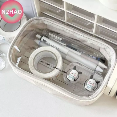 Túi Đựng Bút Chì Sinh Viên Màu Be Hộp Trong Suốt Dung Tích Cao Văn Phòng Phẩm