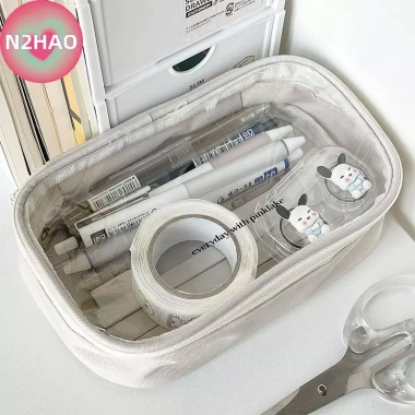 Túi Đựng Bút Chì Sinh Viên Màu Be Hộp Trong Suốt Dung Tích Cao Văn Phòng Phẩm
