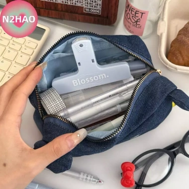 Túi Đựng Bút Denim Gấu Dễ Thương - Túi Trang Điểm Cô Gái, Quà Tặng, Dung Tích Lớn