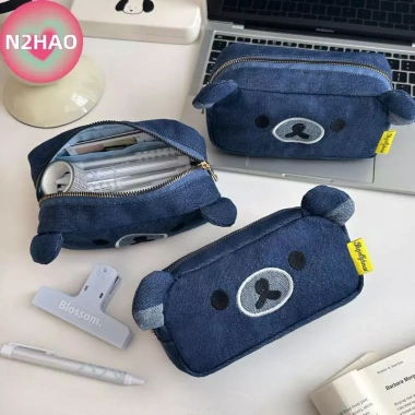 Túi Đựng Bút Denim Gấu Dễ Thương - Túi Trang Điểm Cô Gái, Quà Tặng, Dung Tích Lớn