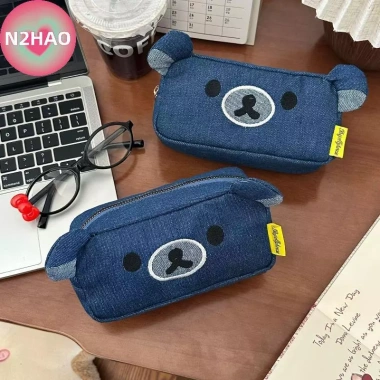 Túi Đựng Bút Denim Gấu Dễ Thương - Túi Trang Điểm Cô Gái, Quà Tặng, Dung Tích Lớn