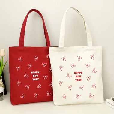 Túi tote vải bố canvas cotton Happy New Year nơ đeo vai thời trang, đựng vừa A4, giá 75.000 VND