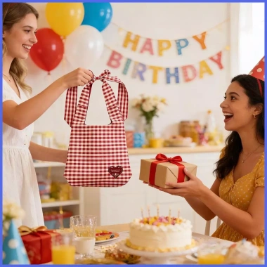 Túi vải canvas đỏ trắng ca rô - Ví mua sắm dây đeo vai điều chỉnh, quà Valentine bé gái 5