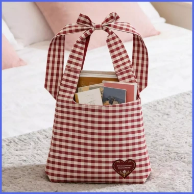 Túi vải canvas đỏ trắng ca rô - Ví mua sắm dây đeo vai điều chỉnh, quà Valentine bé gái 9