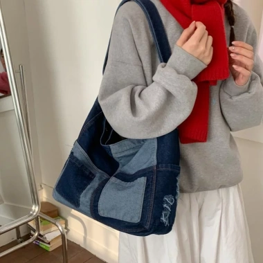Túi Vải Denim Nữ Retro Khâu Nhật Bản Tote Đeo Vai Phong Cách Học Sinh Đại Học 2