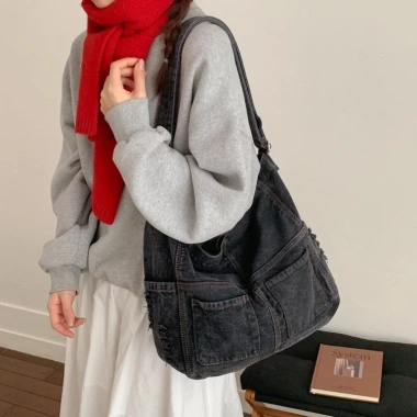 Túi Vải Denim Nữ Retro Khâu Nhật Bản Tote Đeo Vai Phong Cách Học Sinh Đại Học 3