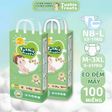 Tushie Treats Bỉm Quần Dán Trẻ Em Cao Cấp Nhật Bản 100 miếng 1.000ml Thấm Hút Size NB-3XL Giá 207.000₫