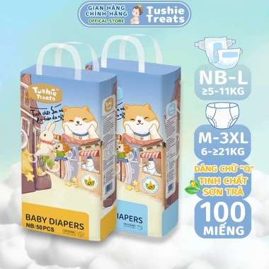 Tushie Treats Bỉm Quần/Tã Dán Cao Cấp Chữ Q 100 Miếng - Tinh Dầu Sơn Trà, Đệm Mây, Size NB-3XL, Giá Ưu Đãi 207k