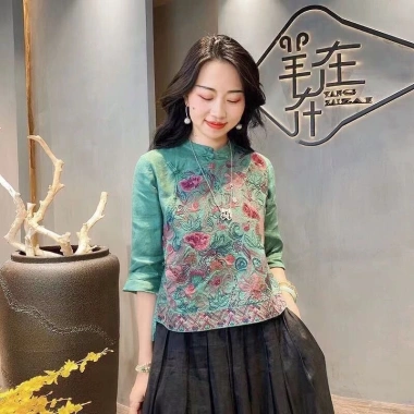 Vải Lanh Cotton Thêu Trung Hoa - Retro Ba-Qu 111, Nữ Rời Cổ Đứng Lên, Giao Hàng Nhanh 10 Vải Lanh Cotton Thêu Trung Hoa - Retro Ba-Qu 111, Nữ Rời Cổ Đứng Lên, Giao Hàng Nhanh 10