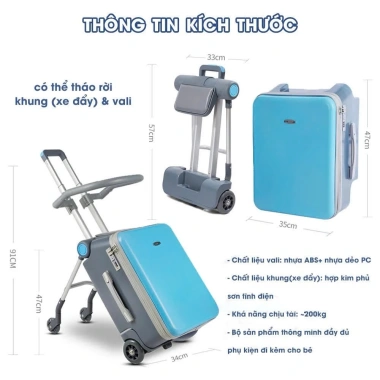 Vali xe đẩy 20 inch 2in1 - Đai an toàn 5 điểm, đệm ngồi, BH 3 năm - 2.35 triệu
