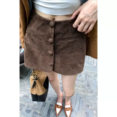 Váy ngắn nữ retro da lộn màu cà phê A line plus size eo cao giá ưu đãi 604.713 VND
