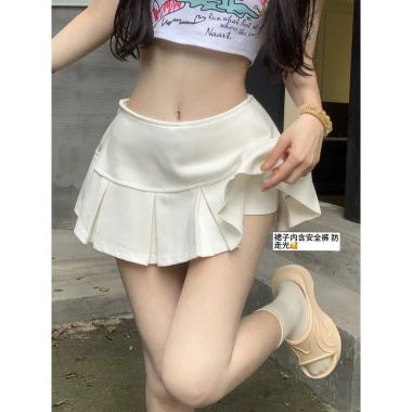 Váy ngắn xám mờ Busan Xiaoji Tự Chế, cạp thấp xếp ly, dáng nhỏ giảm giá