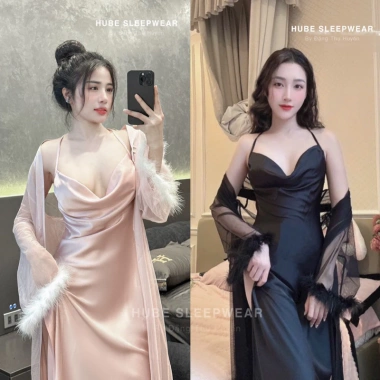 Váy ngủ + áo choàng lụa voan đổ tay dài QC loại 1 - thoải mái sang trọng 495k